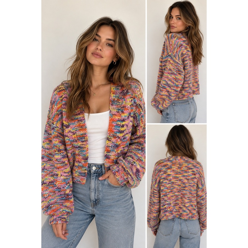 Rainbow Confetti Chunky Knit Cardigan Women L Boho Pastel Balloon Sleeve Sweater